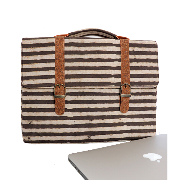 Kirgiti's Vegan Leather and Dabu Print Canvas Big Brown Stripes 'Unisex' Laptop Sleeve - 15"